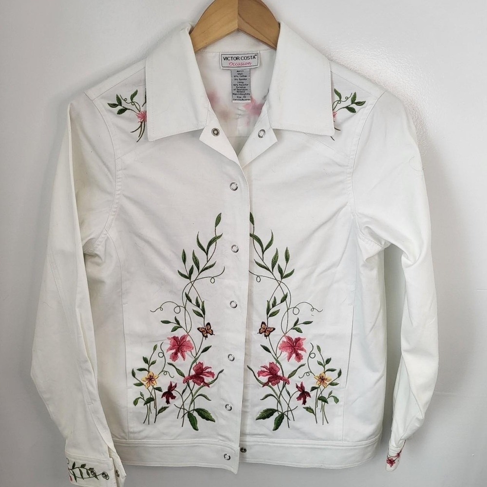 Vintage Victor Costa Occasions Denim Jacket Embroidered Floral XS Excellent